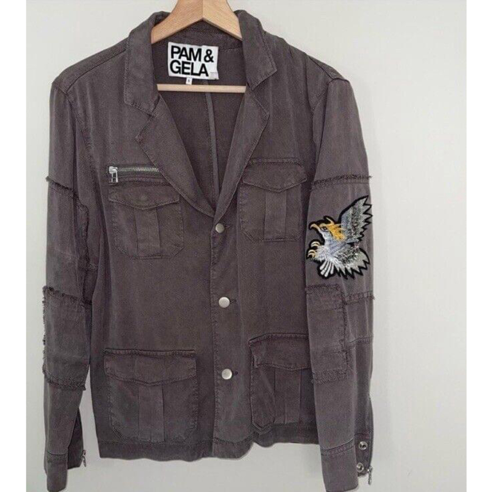 Pam & Gela Tencel Twill Utility Cargo Jacket S Embroidered Eagle Patch